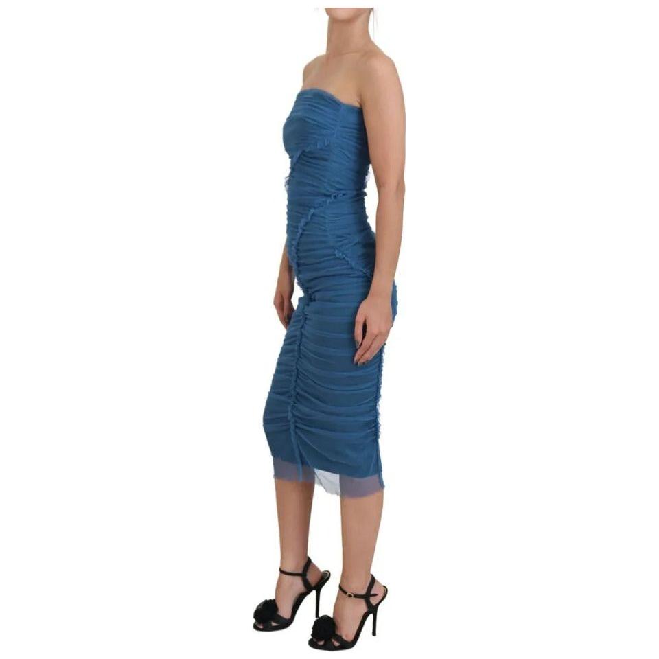 Dolce & Gabbana Blue Mesh Trim Ruched Tulle Sheath Dress Dolce & Gabbana Tan