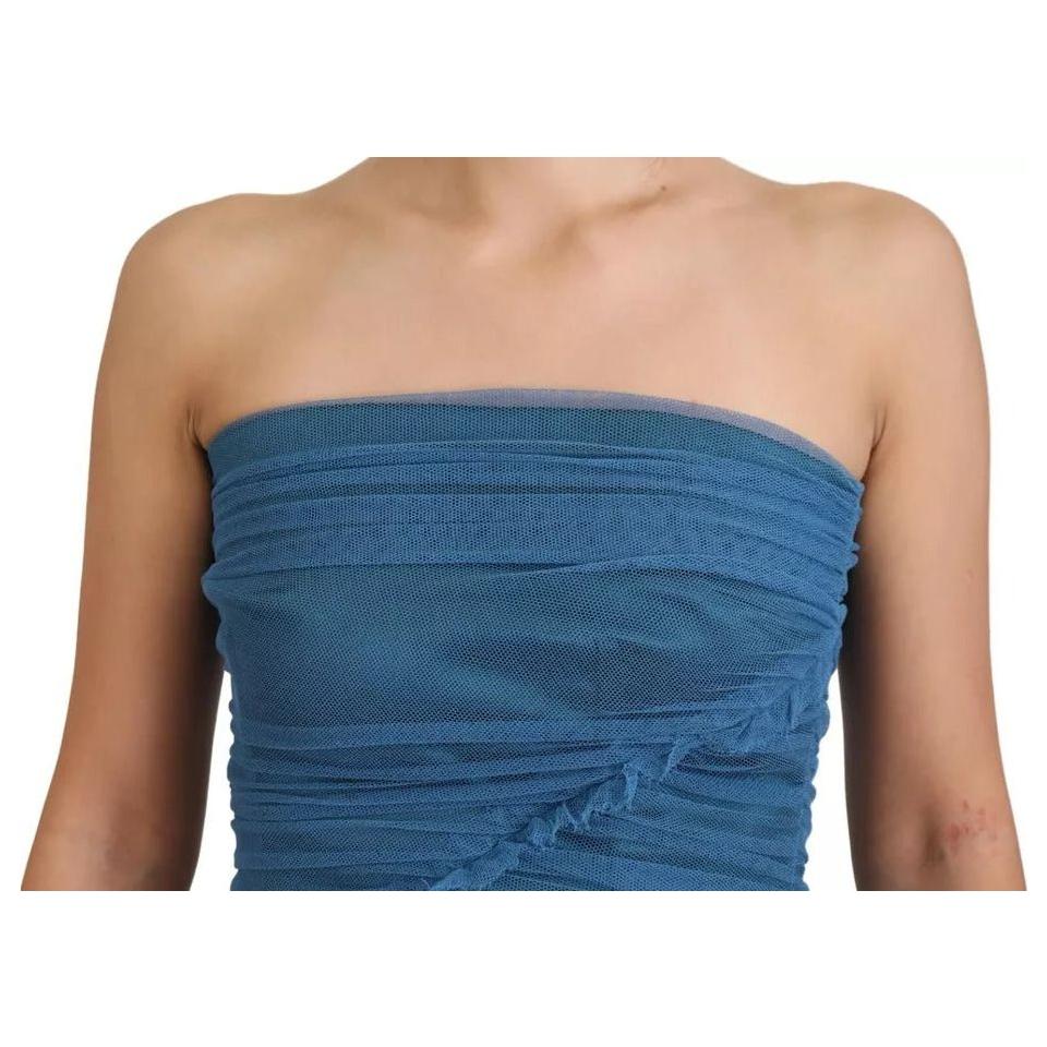 Dolce & Gabbana Blue Mesh Trim Ruched Tulle Sheath Dress Dolce & Gabbana Dark Slate Gray