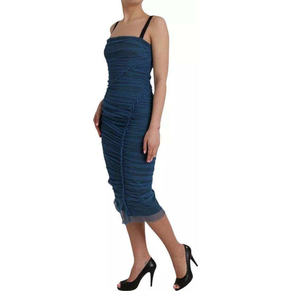 Dolce & Gabbana Blue Mesh Trim Ruched Tulle Sheath Dress Dolce & Gabbana Dark Slate Gray
