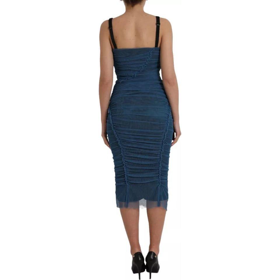 Dolce & Gabbana Blue Mesh Trim Ruched Tulle Sheath Dress Dolce & Gabbana Rosy Brown