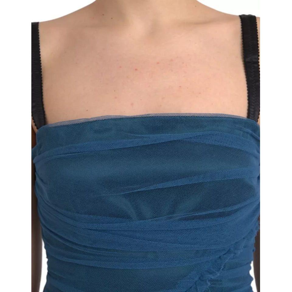 Dolce & Gabbana Blue Mesh Trim Ruched Tulle Sheath Dress Dolce & Gabbana Dark Slate Gray