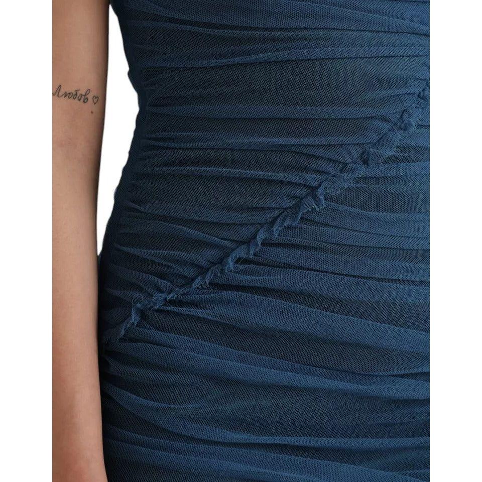 Dolce & Gabbana Blue Mesh Trim Ruched Tulle Sheath Dress Dolce & Gabbana Dark Slate Gray