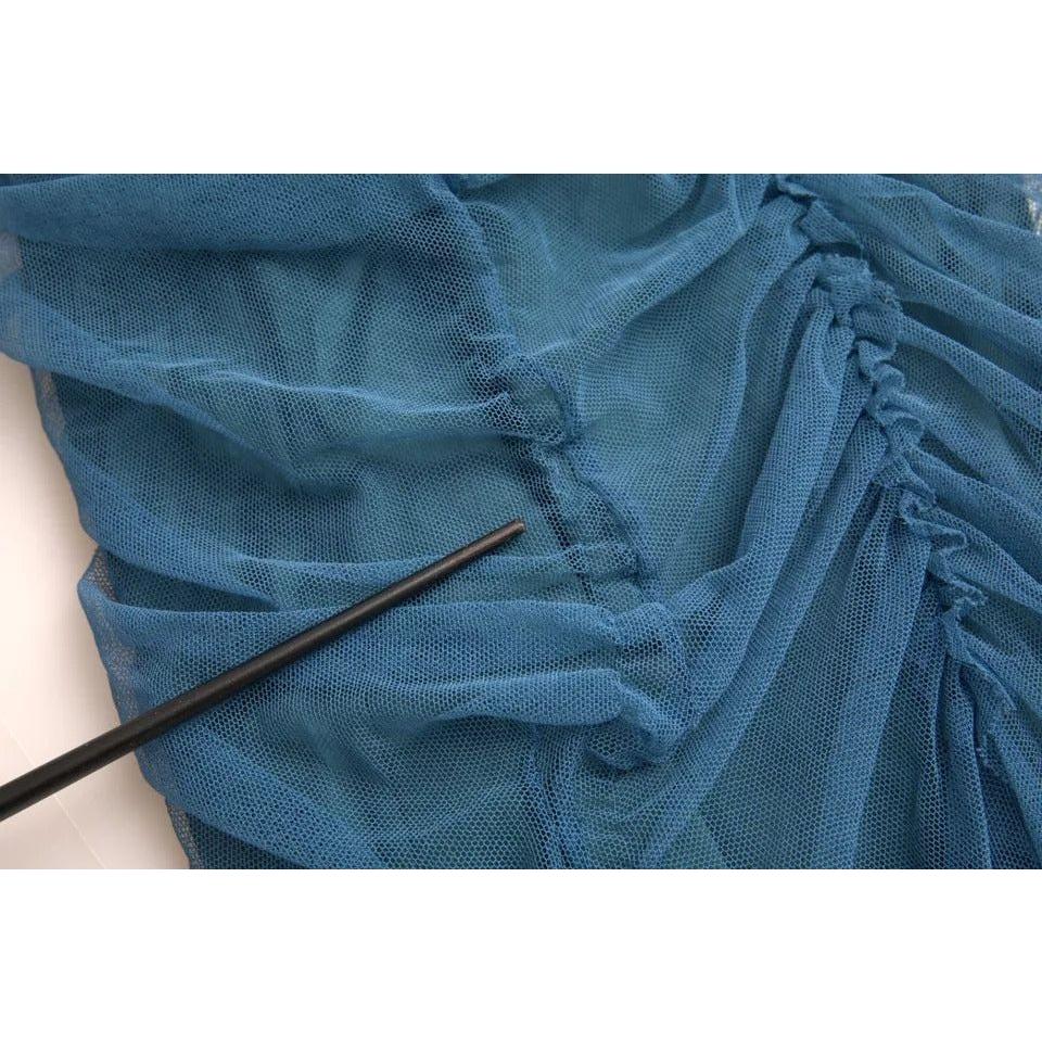 Dolce & Gabbana Blue Mesh Trim Ruched Tulle Sheath Dress Dolce & Gabbana Dark Slate Gray