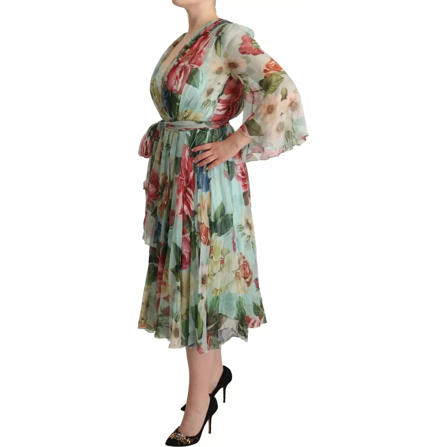 Dolce & Gabbana Green Floral Long Sleeve V-neck Midi Dress Dolce & Gabbana Rosy Brown