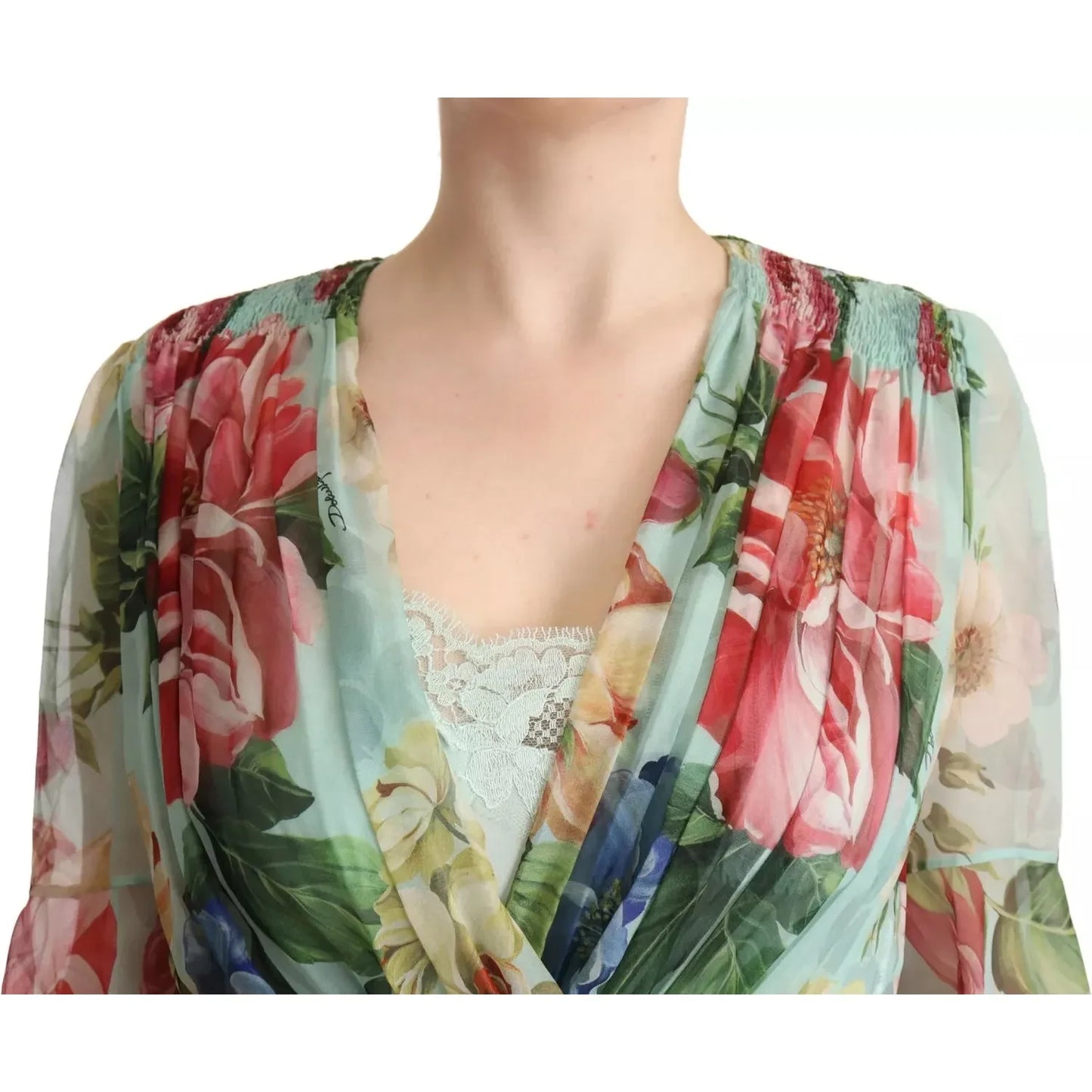 Dolce & Gabbana Green Floral Long Sleeve V-neck Midi Dress Dolce & Gabbana Rosy Brown