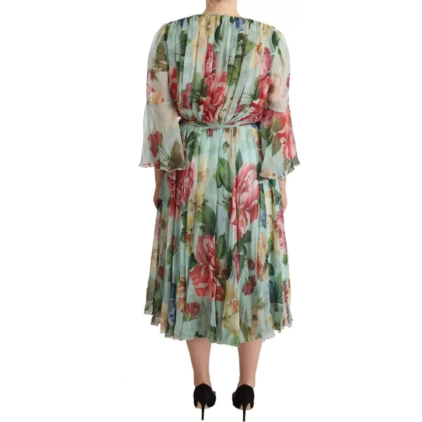 Dolce & Gabbana Green Floral Long Sleeve V-neck Midi Dress Dolce & Gabbana Rosy Brown