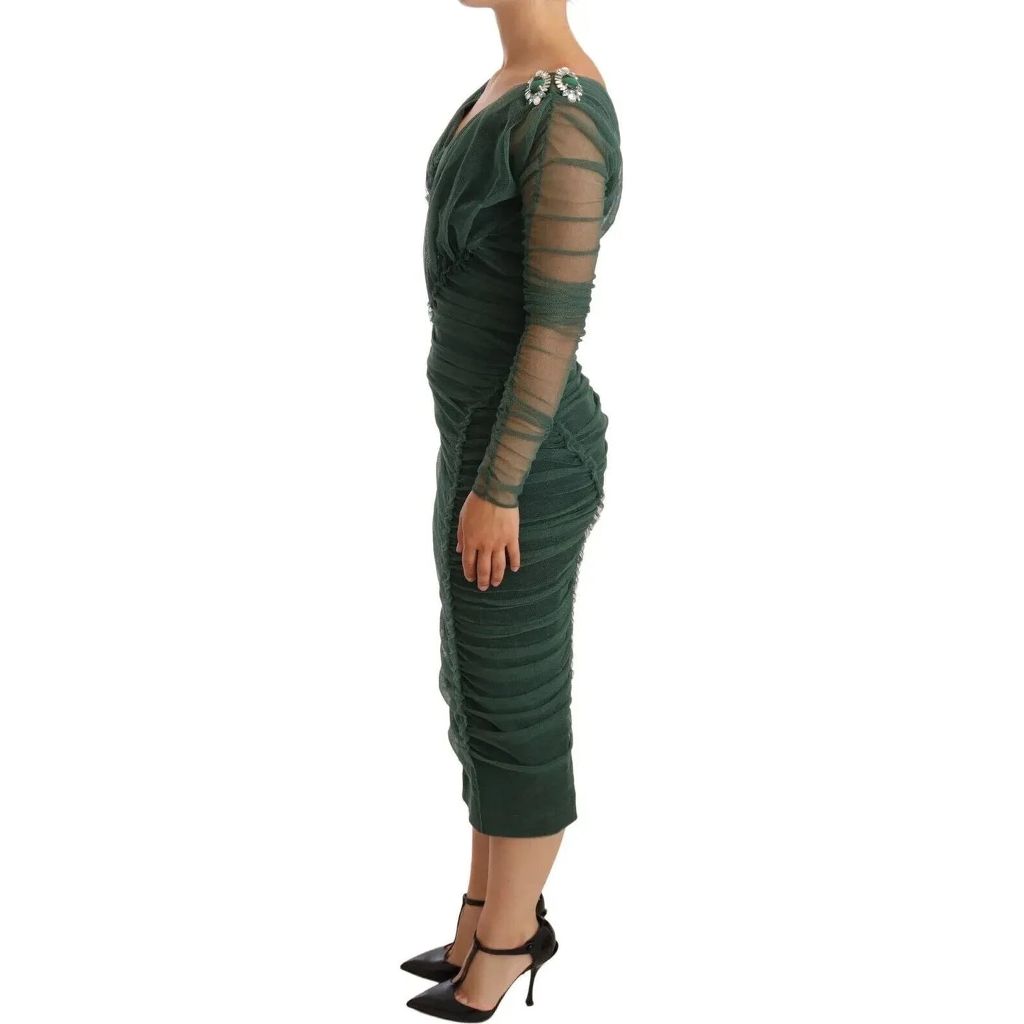 Dolce & Gabbana Green Ruched Stretch Tulle Crystal Midi Dress Dolce & Gabbana Dark Slate Gray
