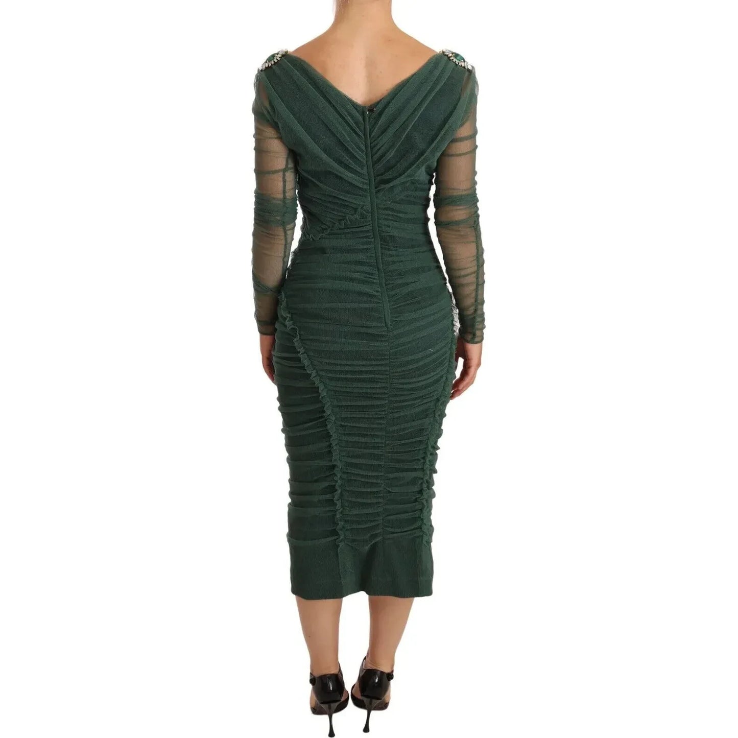 Dolce & Gabbana Green Ruched Stretch Tulle Crystal Midi Dress Dolce & Gabbana Dark Slate Gray