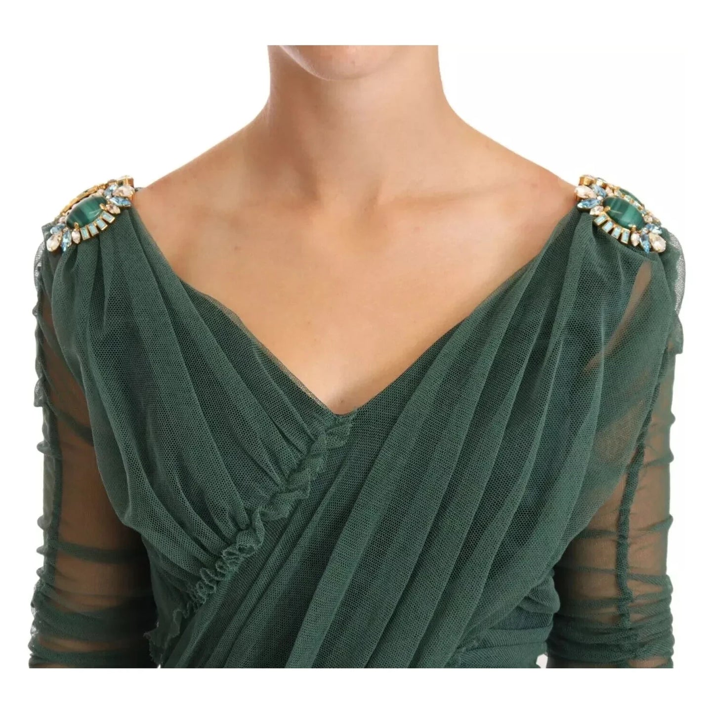 Dolce & Gabbana Green Ruched Stretch Tulle Crystal Midi Dress Dolce & Gabbana Dark Slate Gray