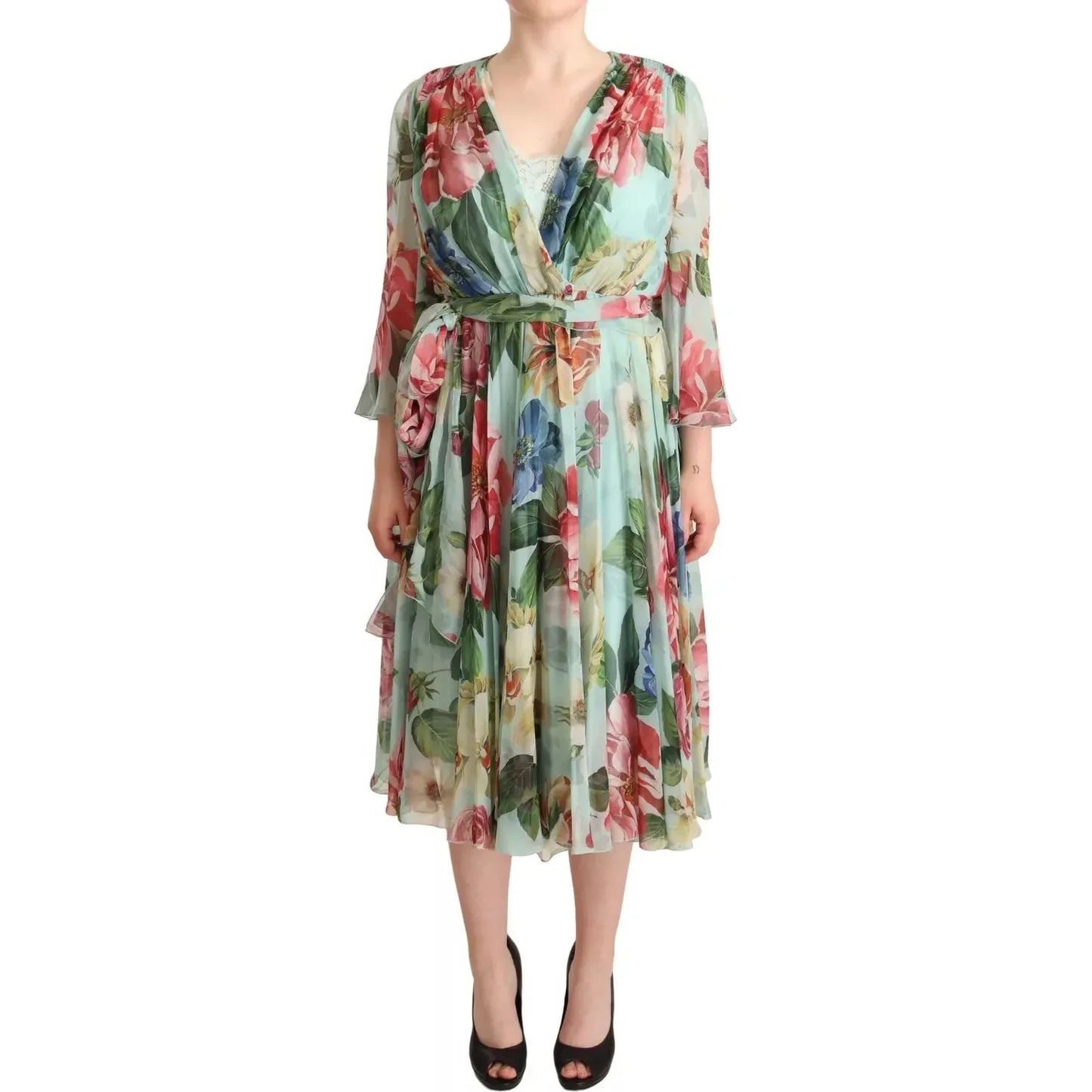 Dolce & Gabbana Multicolor Green Silk Wrap Gown Dress Dolce & Gabbana Rosy Brown