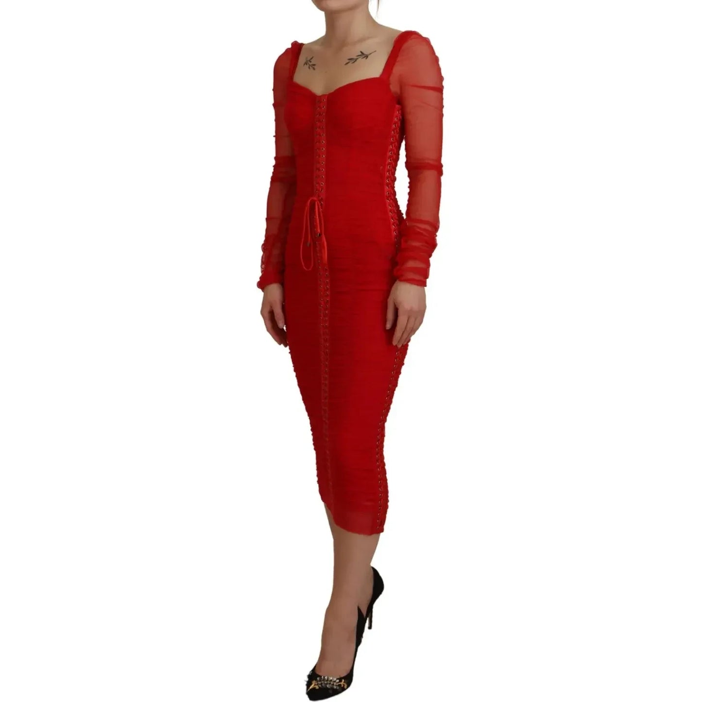 Dolce & Gabbana Red Mesh Trim Bodycon Sheath Midi Dress Dolce & Gabbana Brown