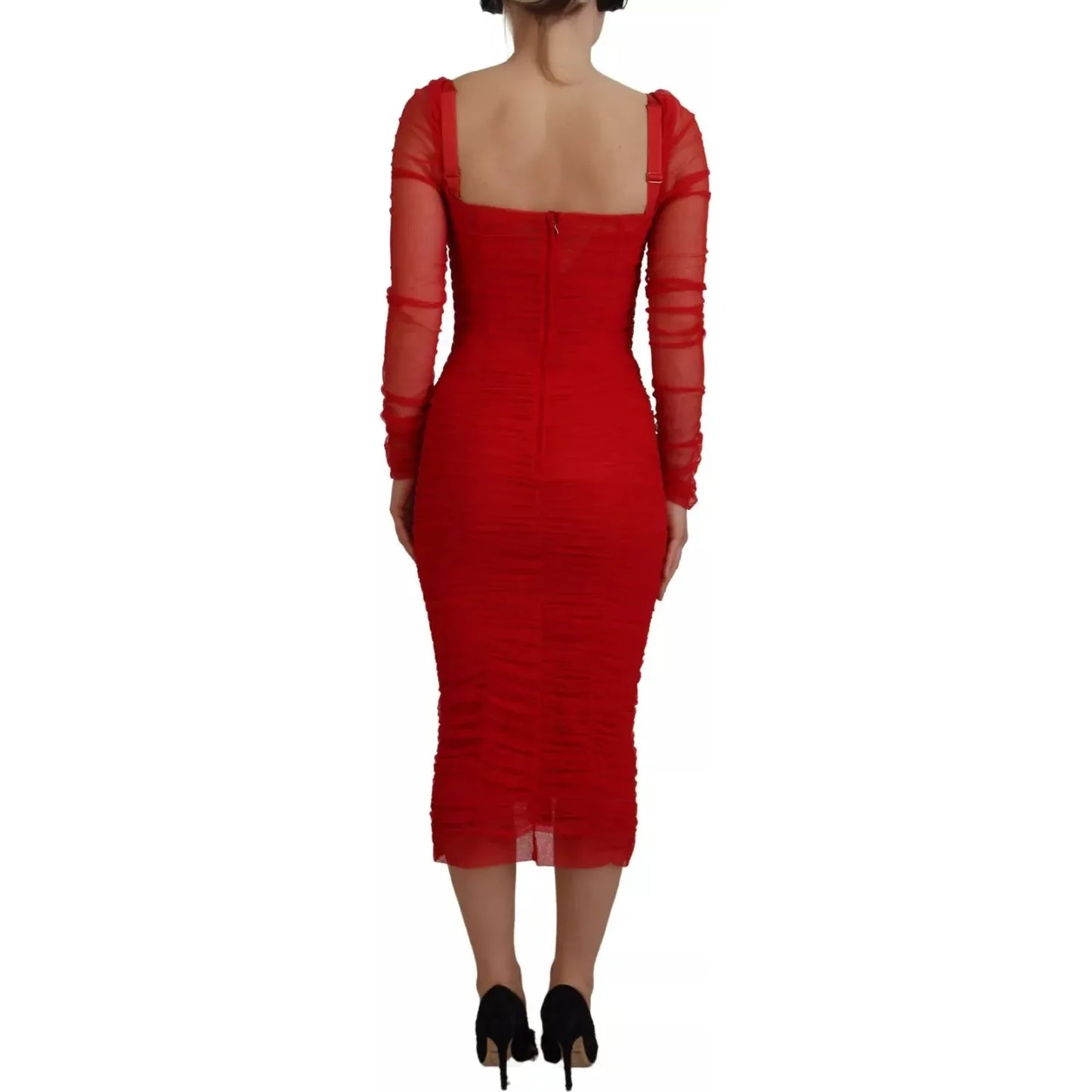 Dolce & Gabbana Red Mesh Trim Bodycon Sheath Midi Dress Dolce & Gabbana Brown