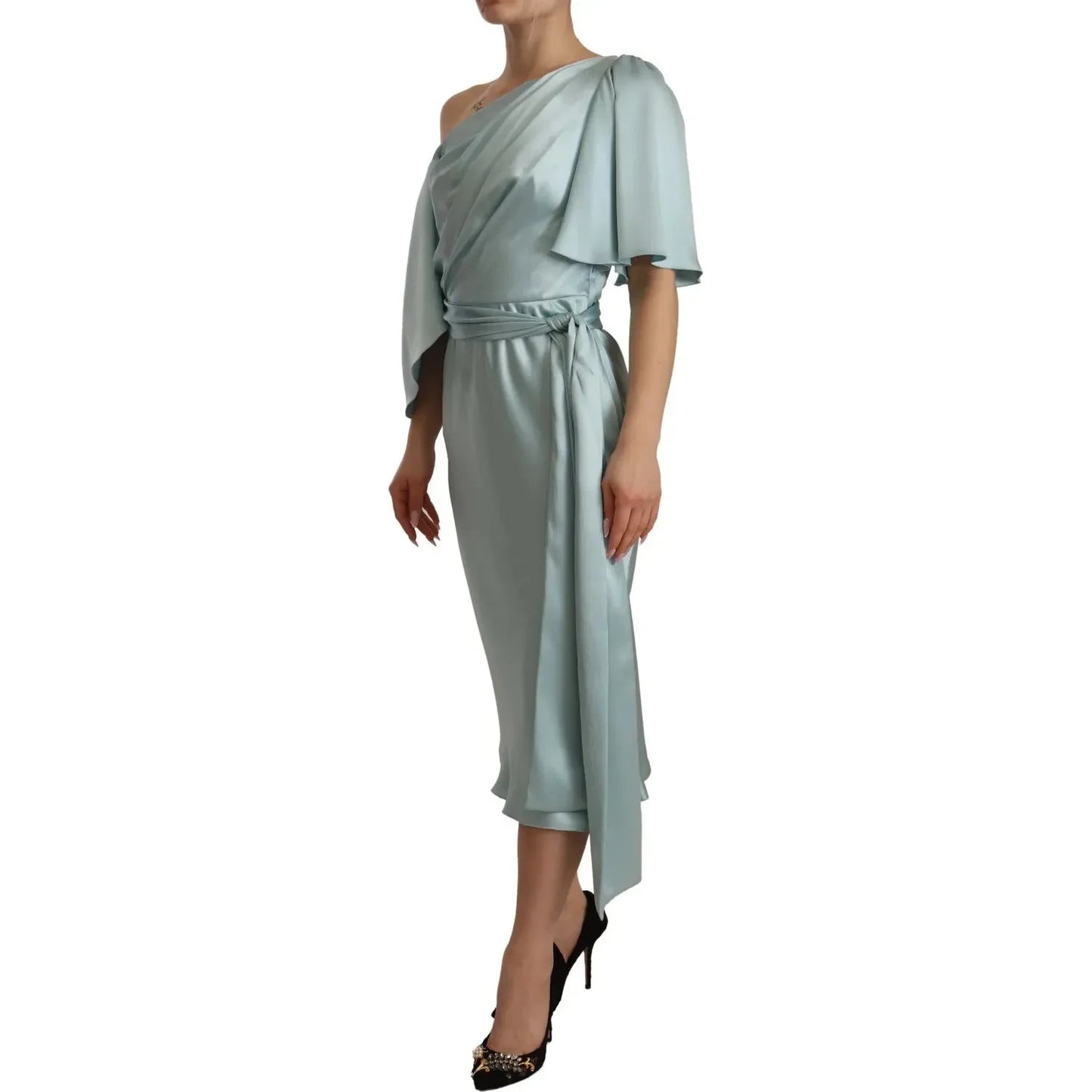 Dolce & Gabbana Silk Mint Green Fit Cut One Shoulder Midi Dress Dolce & Gabbana Slate Gray