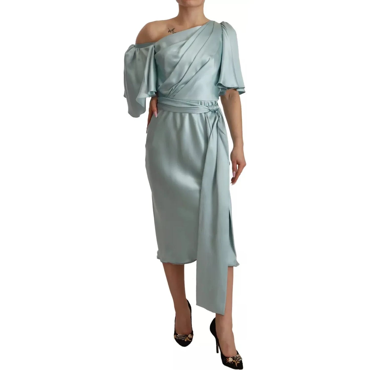 Dolce & Gabbana Silk Mint Green Fit Cut One Shoulder Midi Dress Dolce & Gabbana Slate Gray