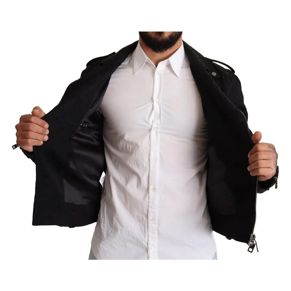 Dolce & Gabbana Black Brocade Full Zip Biker Coat Jacket Dolce & Gabbana Light Gray