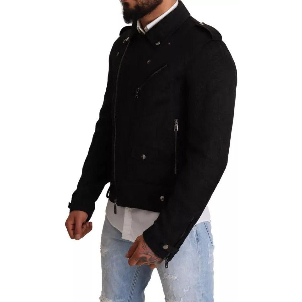 Dolce & Gabbana Black Brocade Full Zip Biker Coat Jacket Dolce & Gabbana Dark Gray
