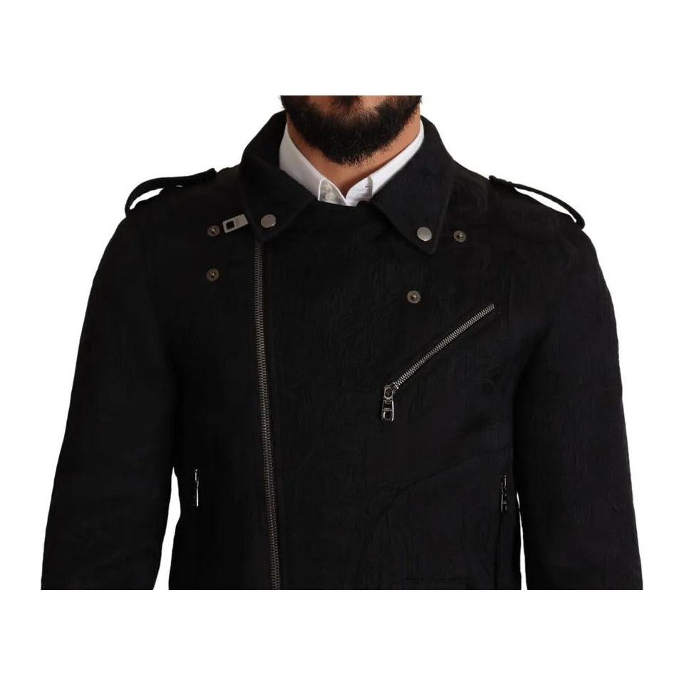 Dolce & Gabbana Black Brocade Full Zip Biker Coat Jacket Dolce & Gabbana Black