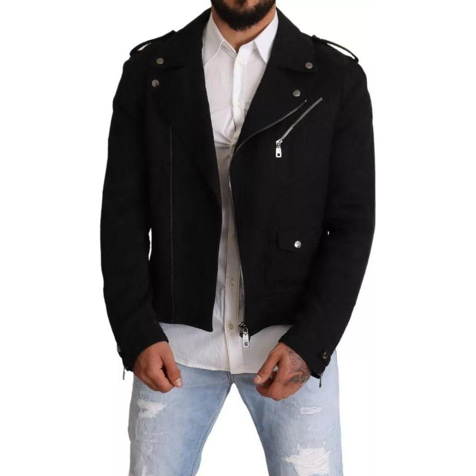 Dolce & Gabbana Black Brocade Full Zip Biker Coat Jacket Dolce & Gabbana Black