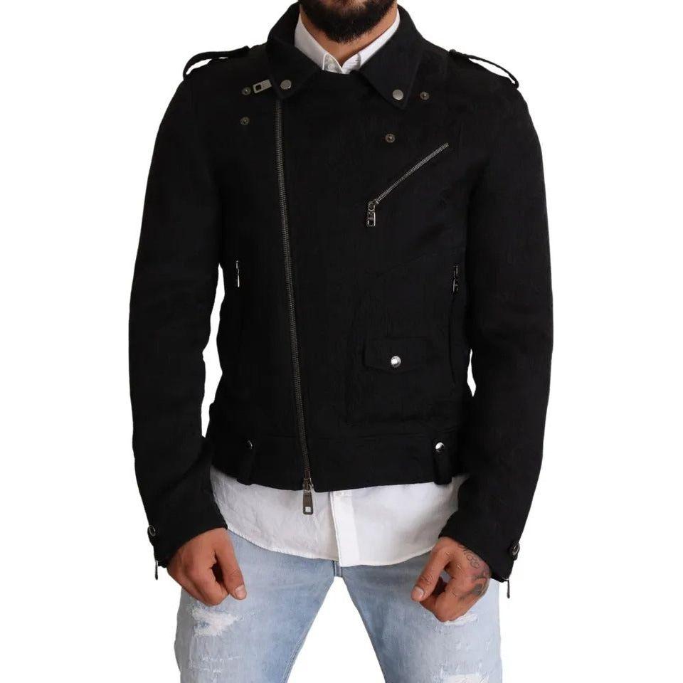 Dolce & Gabbana Black Brocade Full Zip Biker Coat Jacket Dolce & Gabbana Gray