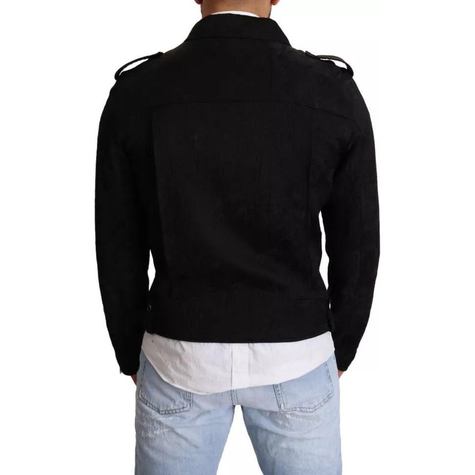 Dolce & Gabbana Black Brocade Full Zip Biker Coat Jacket Dolce & Gabbana Gray