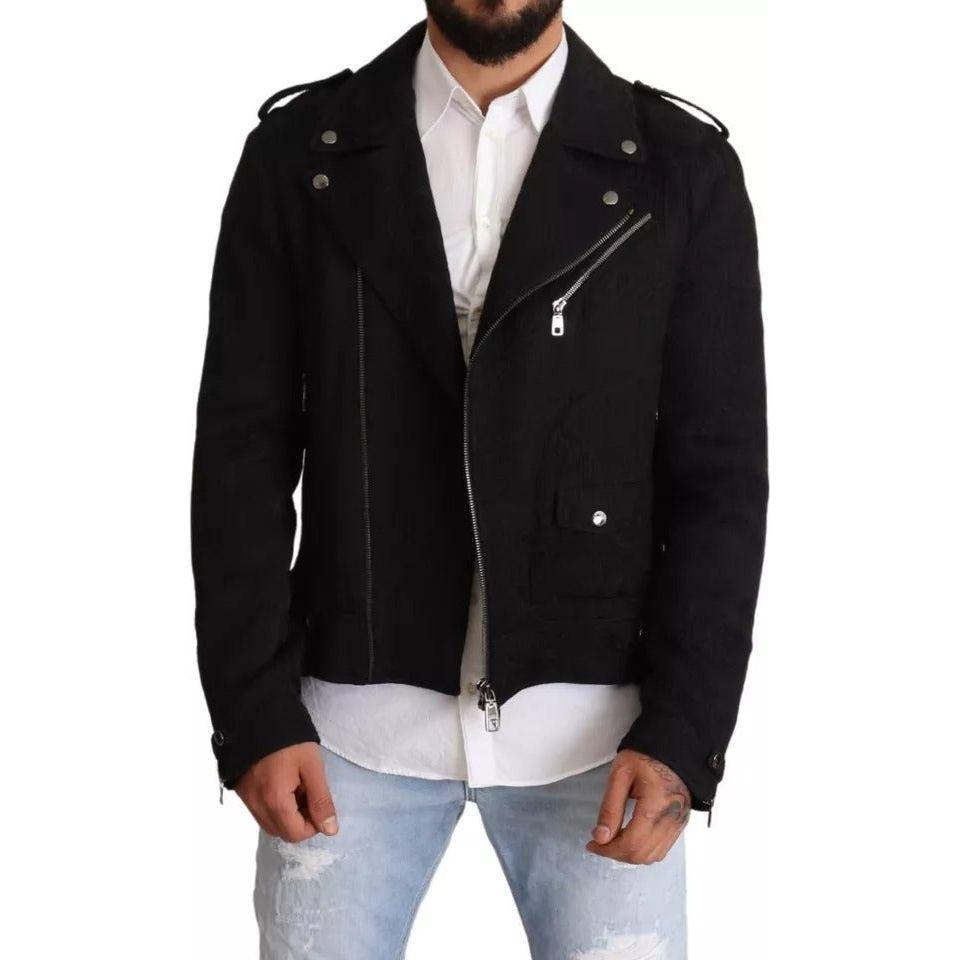 Dolce & Gabbana Black Brocade Full Zip Biker Coat Jacket Dolce & Gabbana Gray
