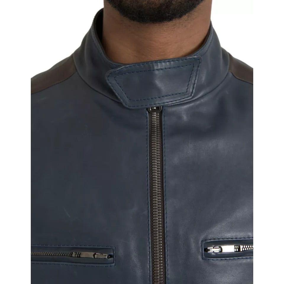 Dolce & Gabbana Blue Leather Full Zip Biker Blouson Jacket Dolce & Gabbana Dark Slate Gray
