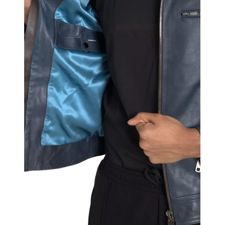Dolce & Gabbana Blue Leather Full Zip Biker Blouson Jacket Dolce & Gabbana Dark Slate Gray