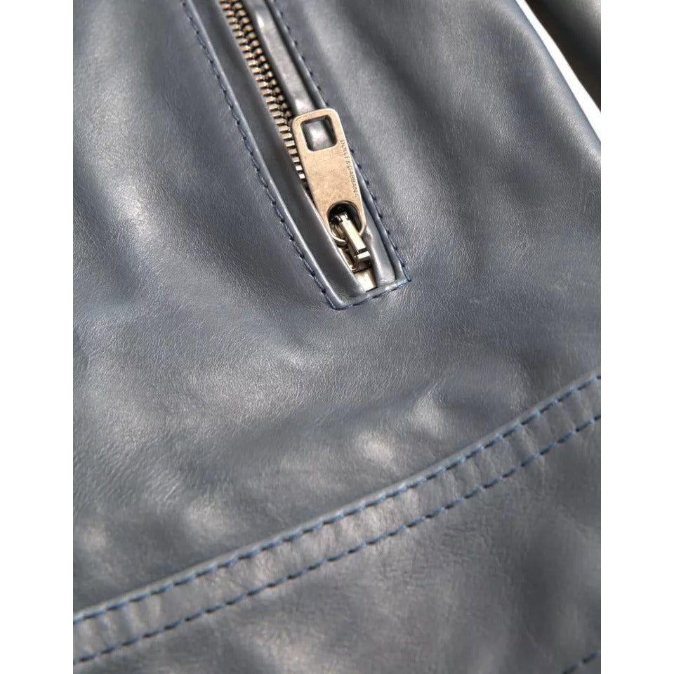 Dolce & Gabbana Blue Leather Full Zip Biker Blouson Jacket Dolce & Gabbana Dim Gray