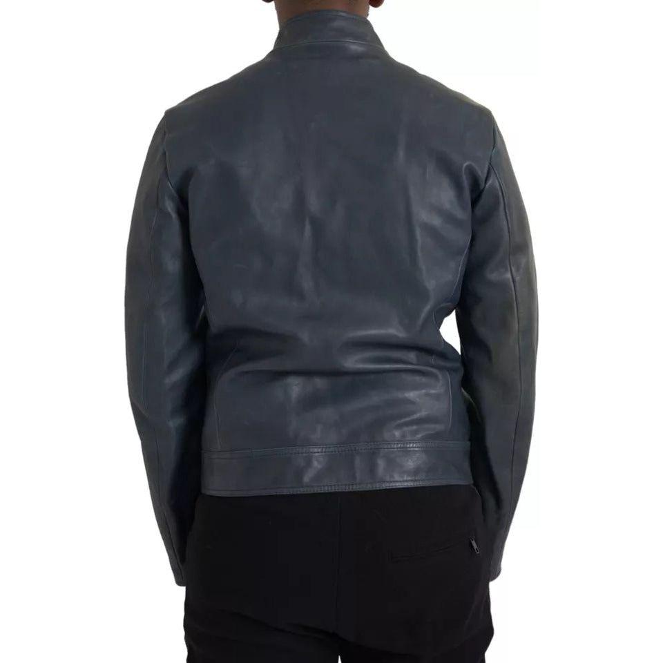 Dolce & Gabbana Blue Leather Full Zip Biker Blouson Jacket Dolce & Gabbana Dark Slate Gray