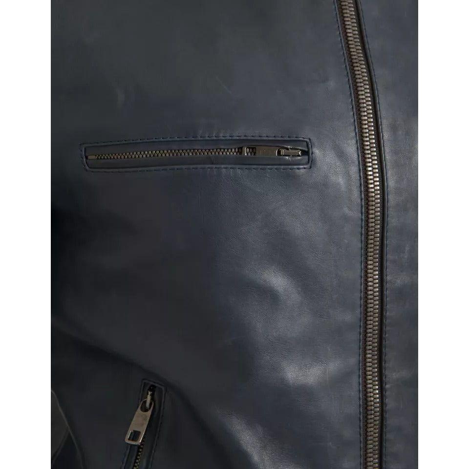 Dolce & Gabbana Blue Leather Full Zip Biker Blouson Jacket Dolce & Gabbana Dark Slate Gray