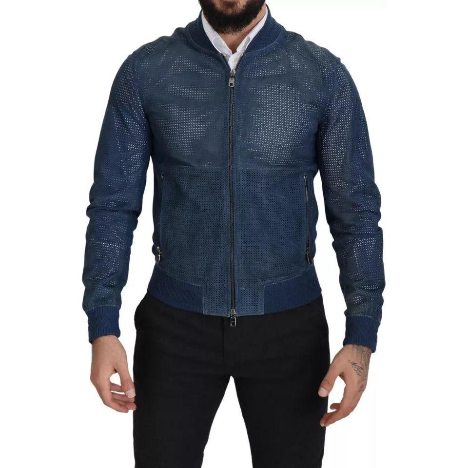Dolce & Gabbana Blue Leather Perforated Full Zip Jacket Dolce & Gabbana Dark Slate Gray