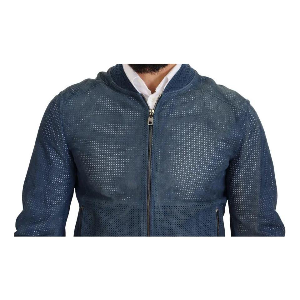 Dolce & Gabbana Blue Leather Perforated Full Zip Jacket Dolce & Gabbana Dark Slate Gray