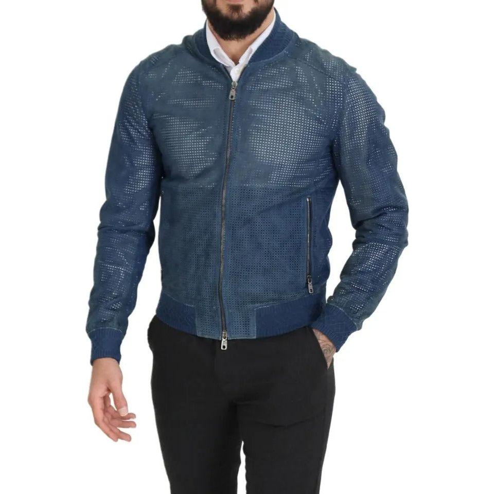 Dolce & Gabbana Blue Leather Perforated Full Zip Jacket Dolce & Gabbana Dark Slate Gray