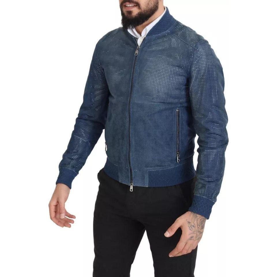 Dolce & Gabbana Blue Leather Perforated Full Zip Jacket Dolce & Gabbana Dark Slate Gray