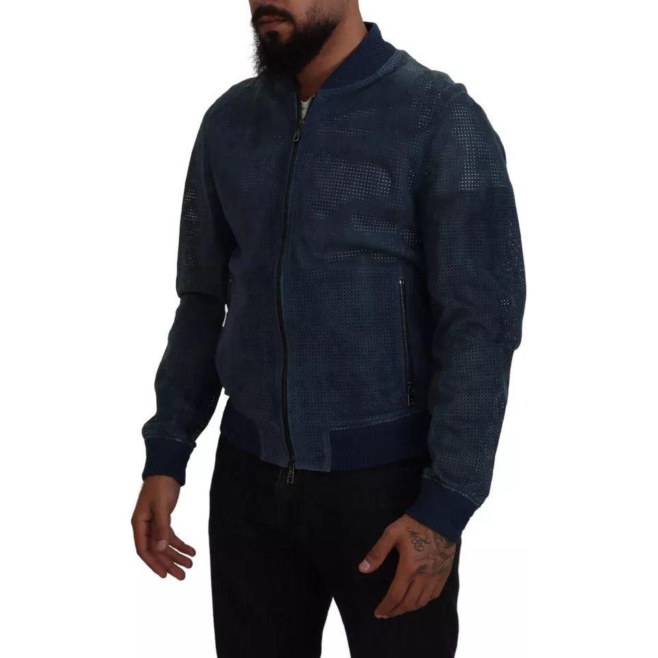 Dolce & Gabbana Blue Leather Perforated Full Zip Jacket Dolce & Gabbana Black