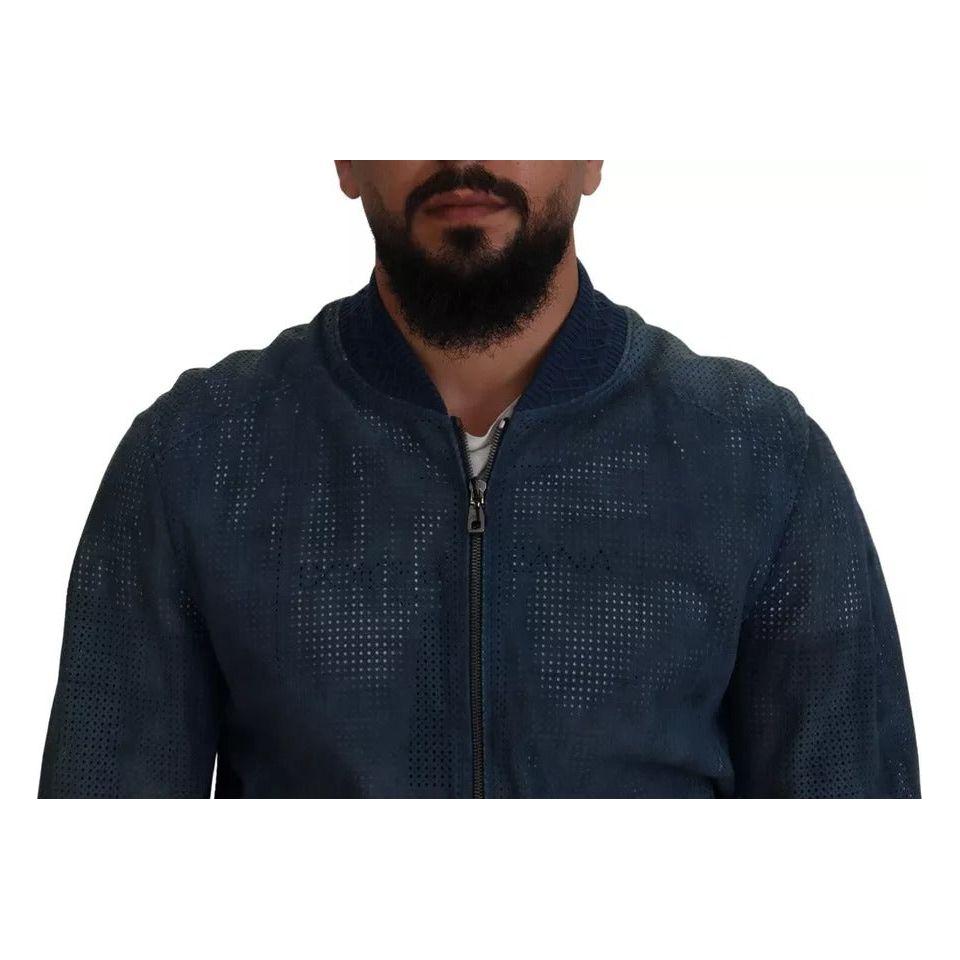 Dolce & Gabbana Blue Leather Perforated Full Zip Jacket Dolce & Gabbana Dark Slate Gray