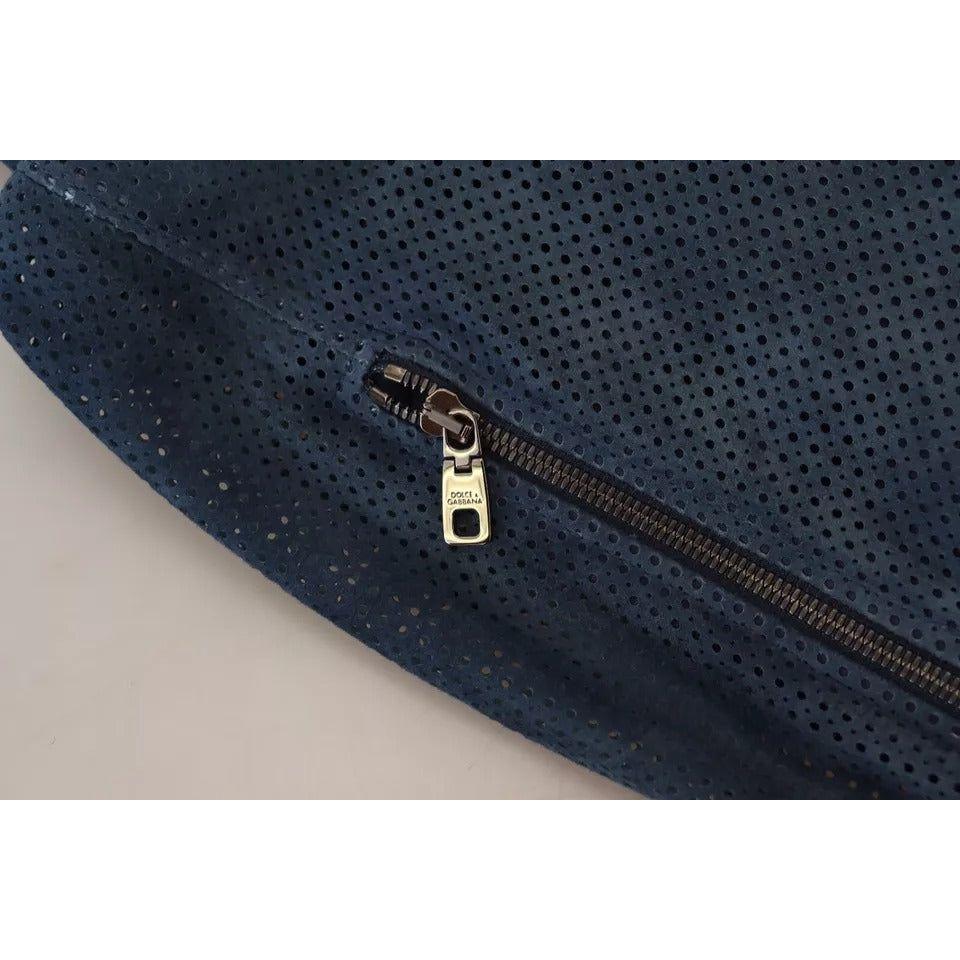 Dolce & Gabbana Blue Leather Perforated Full Zip Jacket Dolce & Gabbana Dark Slate Gray