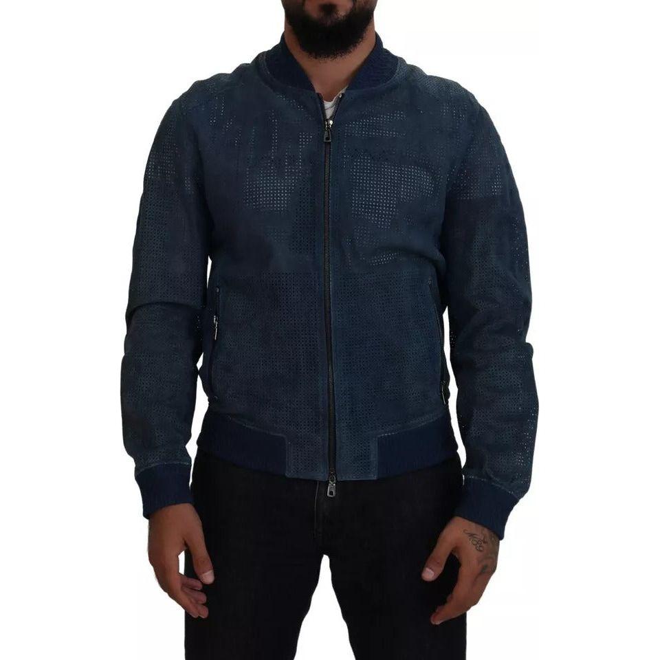 Dolce & Gabbana Blue Leather Perforated Full Zip Jacket Dolce & Gabbana Black