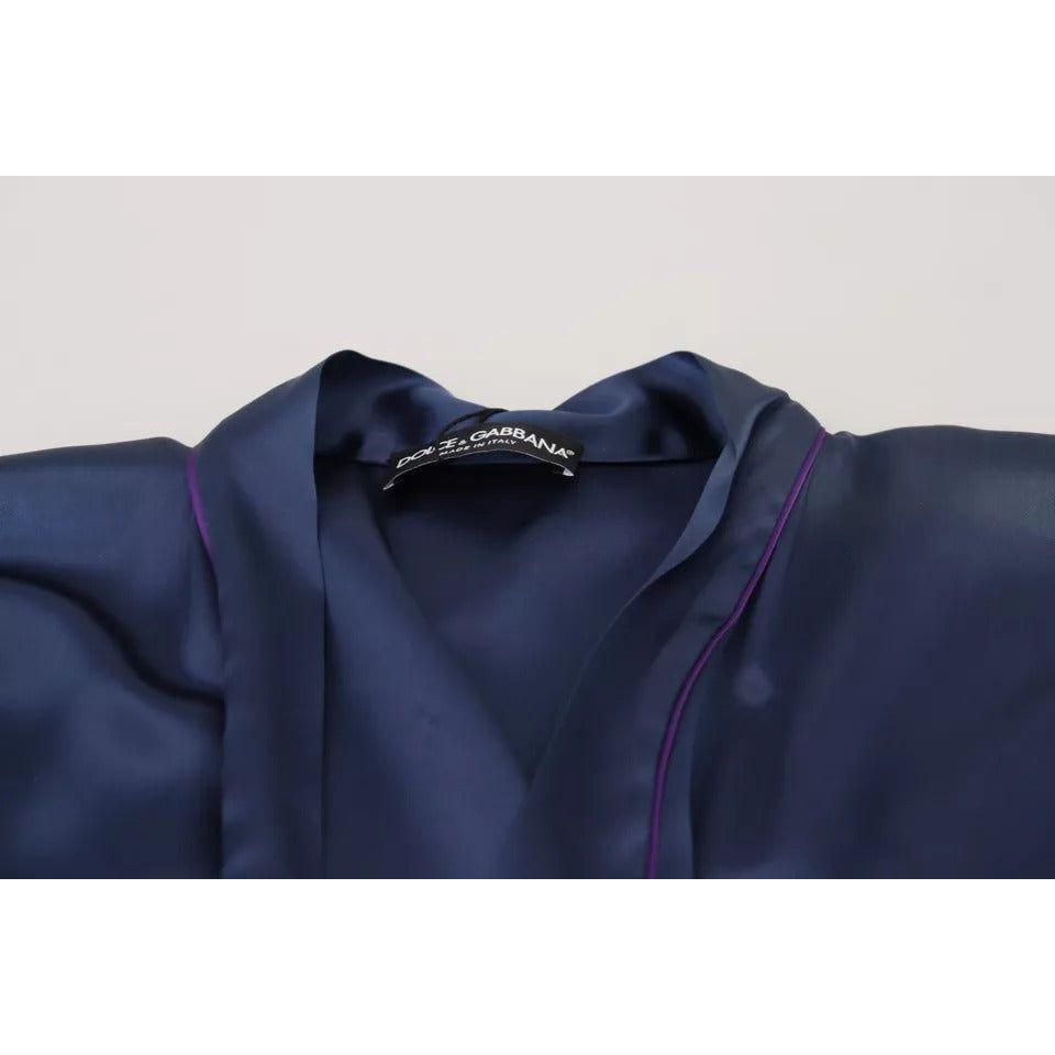Dolce & Gabbana Blue Satin Silk Waist Belt Robe Jacket Dolce & Gabbana Light Gray