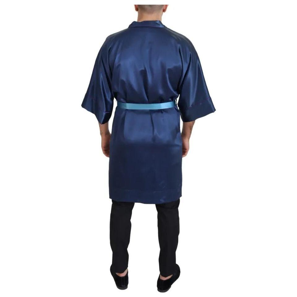 Dolce & Gabbana Blue Satin Silk Waist Belt Robe Jacket Dolce & Gabbana Dark Slate Gray