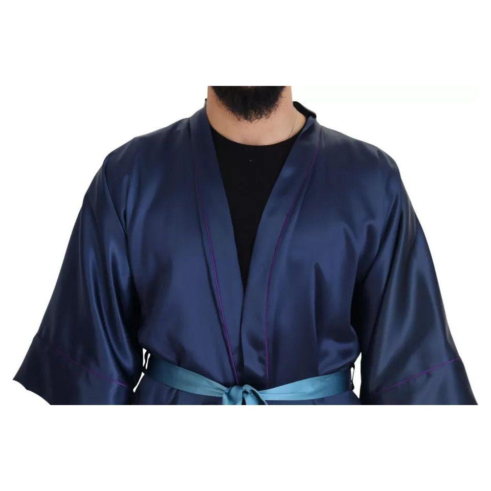 Dolce & Gabbana Blue Satin Silk Waist Belt Robe Jacket Dolce & Gabbana Dark Slate Gray