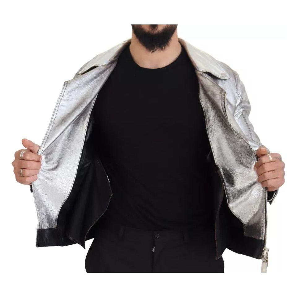 Dolce & Gabbana Silver Leather Biker Coat Lambskin Jacket Dolce & Gabbana Black