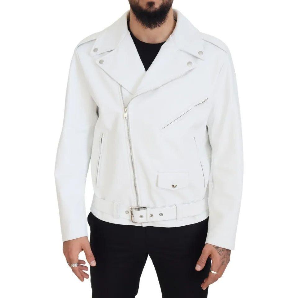 Dolce & Gabbana White Leather Biker Coat Zipper Jacket Dolce & Gabbana Black