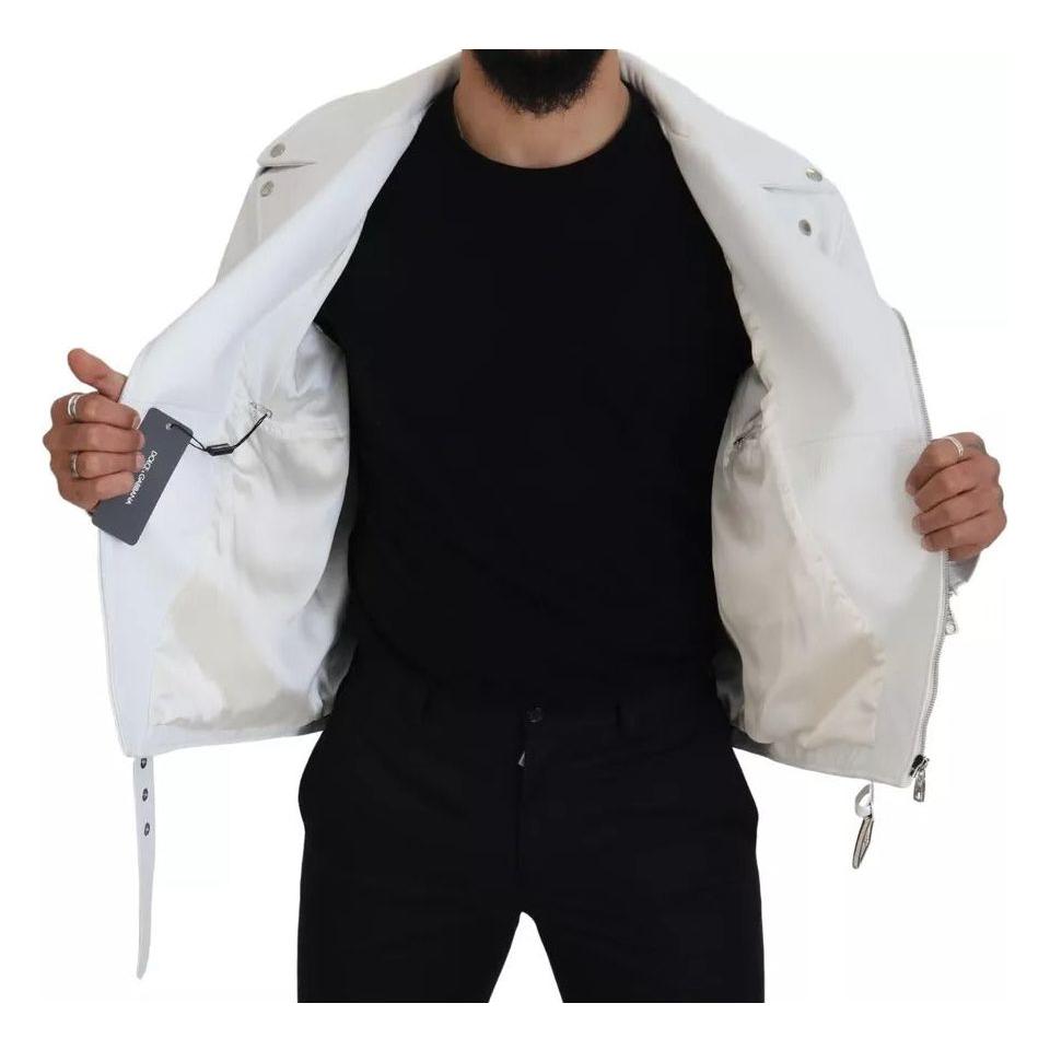 Dolce & Gabbana White Leather Biker Coat Zipper Jacket Dolce & Gabbana Gray