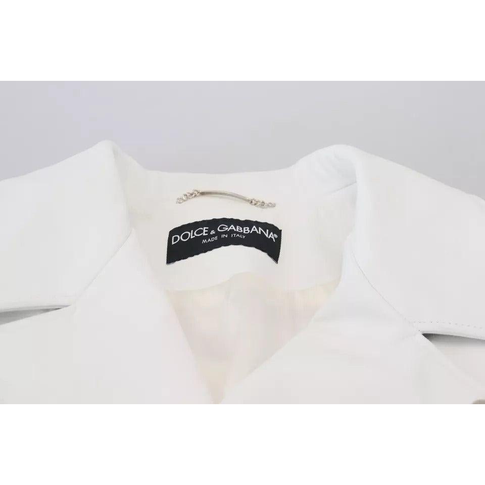 Dolce & Gabbana White Leather Biker Coat Zipper Jacket Dolce & Gabbana Light Gray
