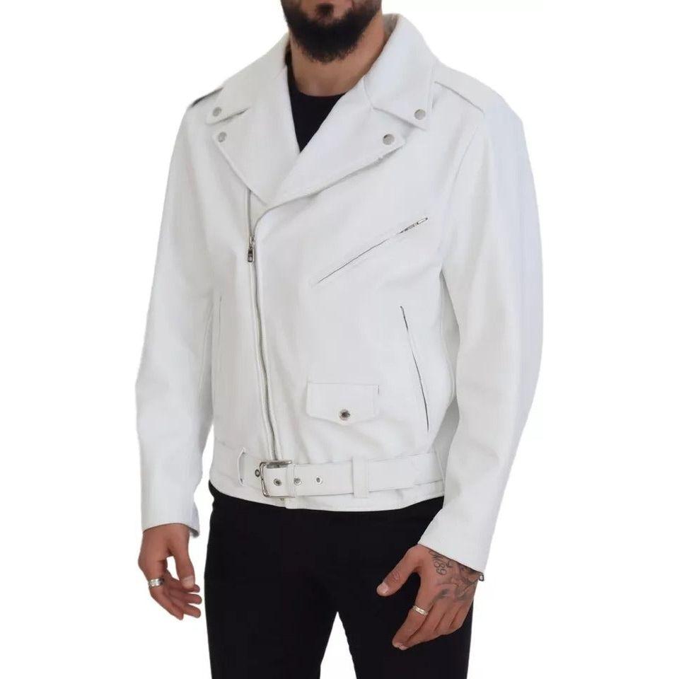 Dolce & Gabbana White Leather Biker Coat Zipper Jacket Dolce & Gabbana Light Gray