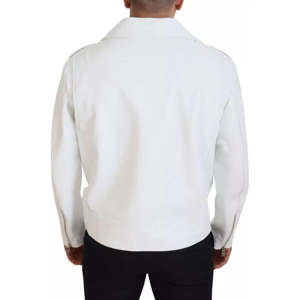 Dolce & Gabbana White Leather Biker Coat Zipper Jacket Dolce & Gabbana Light Gray