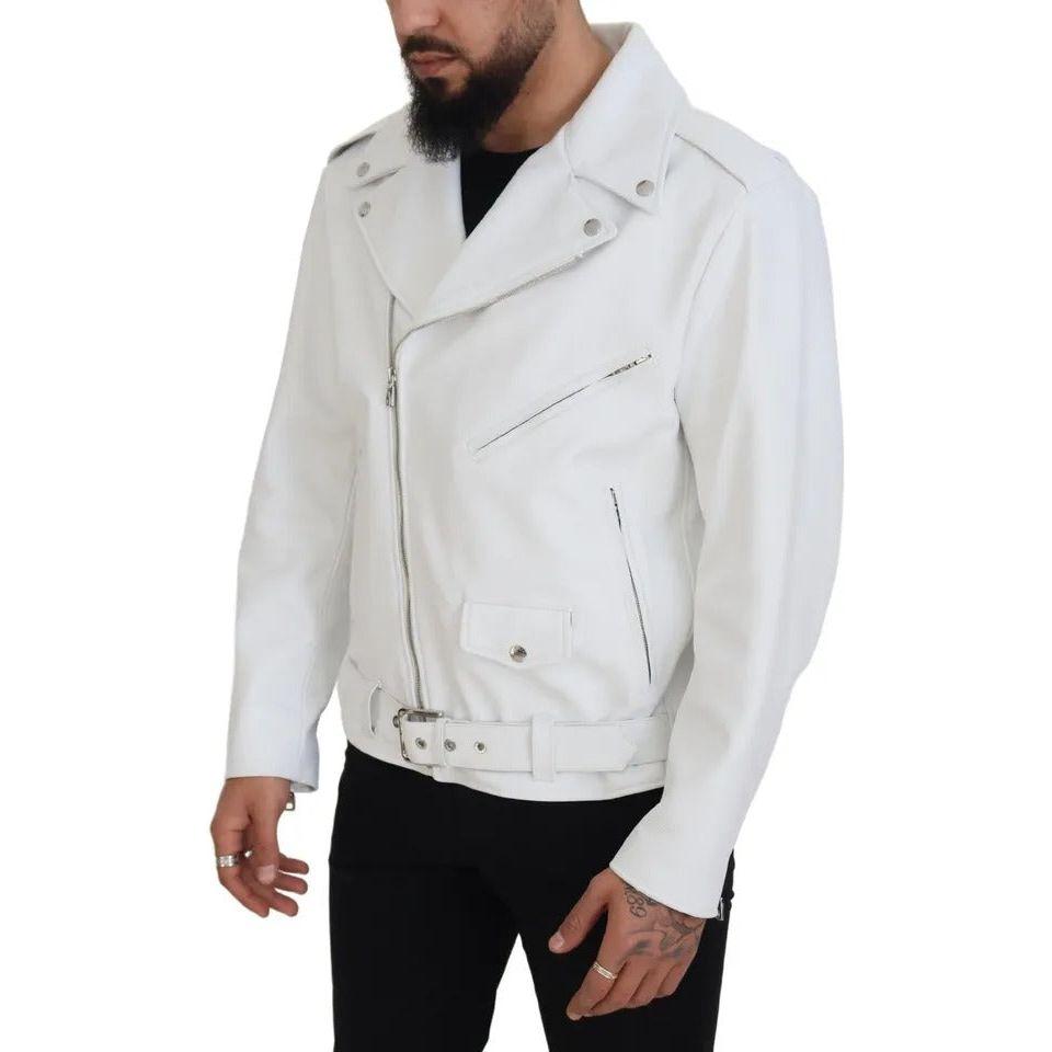 Dolce & Gabbana White Leather Biker Coat Zipper Jacket Dolce & Gabbana Light Gray