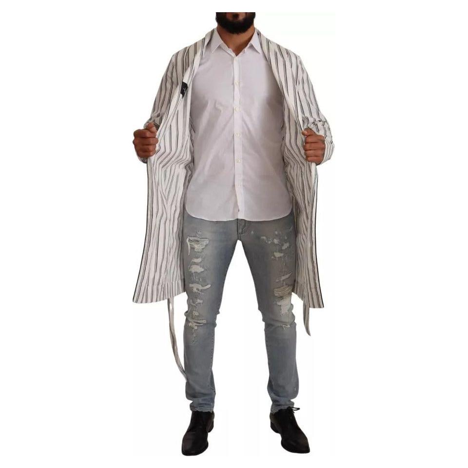 Dolce & Gabbana White Striped Cotton Robe Coat Wrap Jacket Dolce & Gabbana Light Slate Gray