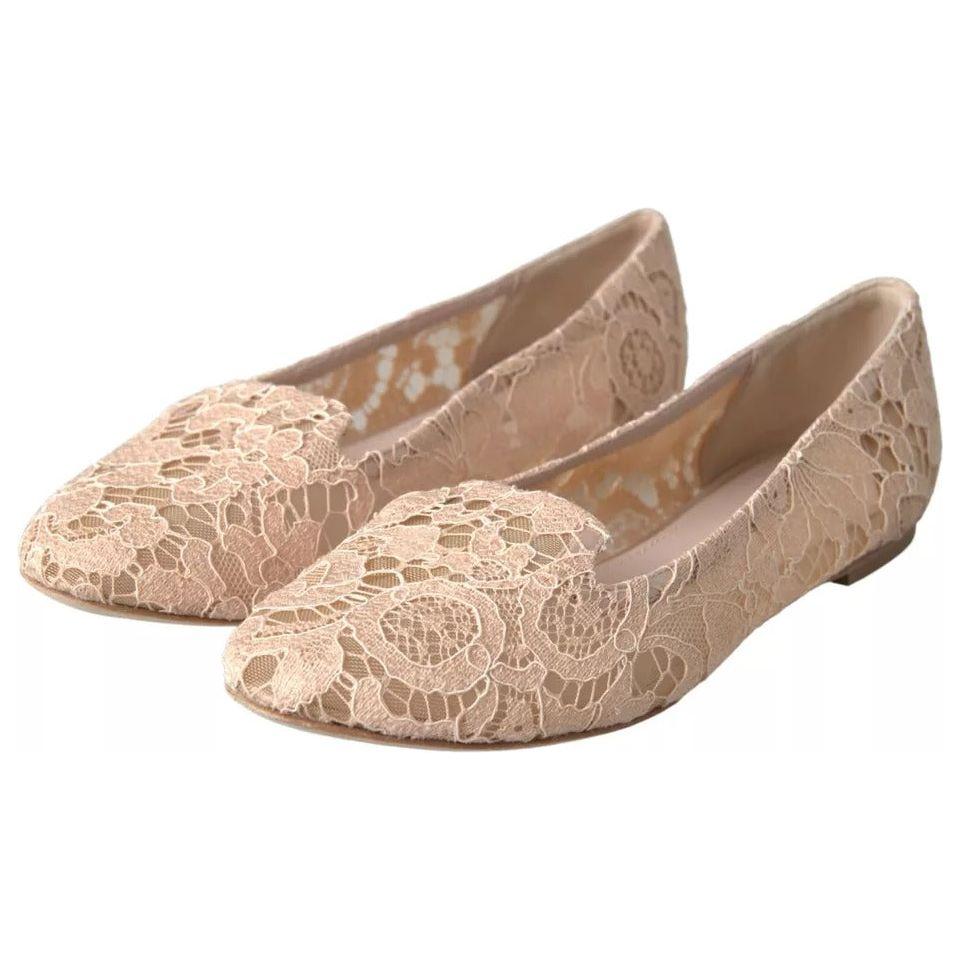Dolce & Gabbana Beige Floral Lace Loafers Flats Shoes Dolce & Gabbana Rosy Brown